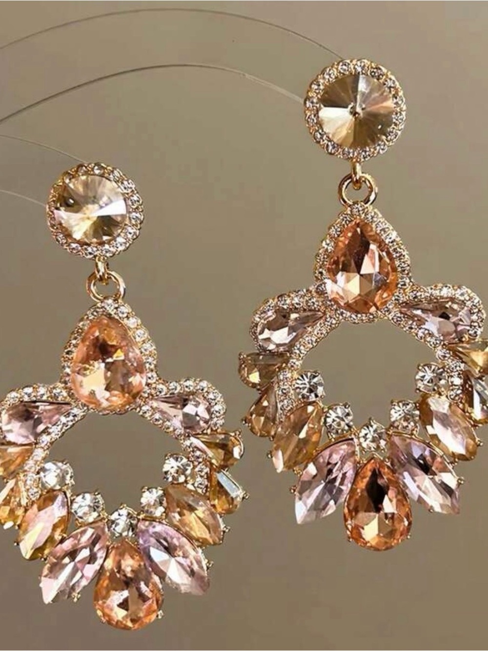 Champagne Crystal Statement Earrings Gold Tone Chandelier Drop Earrings
